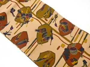 縮緬地金彩野菜に魚・抽象模様名古屋帯